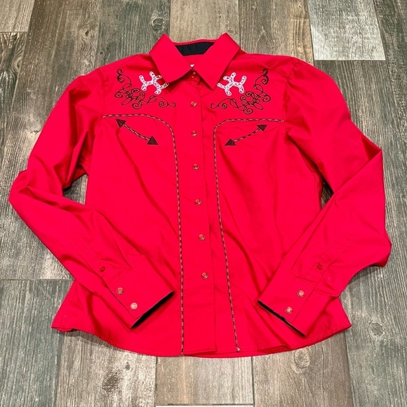 Ace of Diamond Western Cowgirl Red Pearl Snap Shirt Button Embroidery Size L - Picture 6 of 10